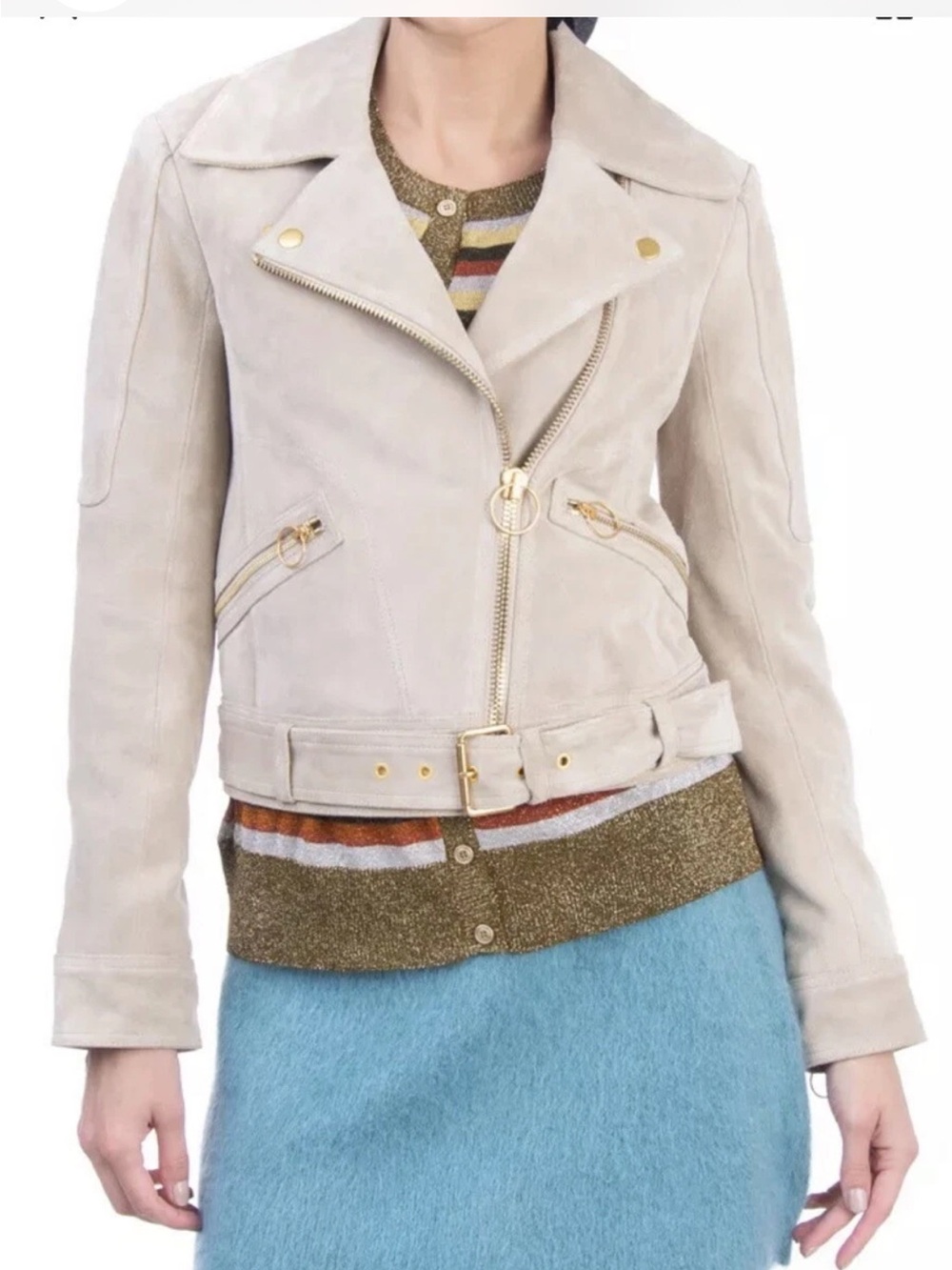 NWT Tory Burch Taupe Suede Moto Biker Jacket Brushed Gold Hardware Heavy$1K tag!